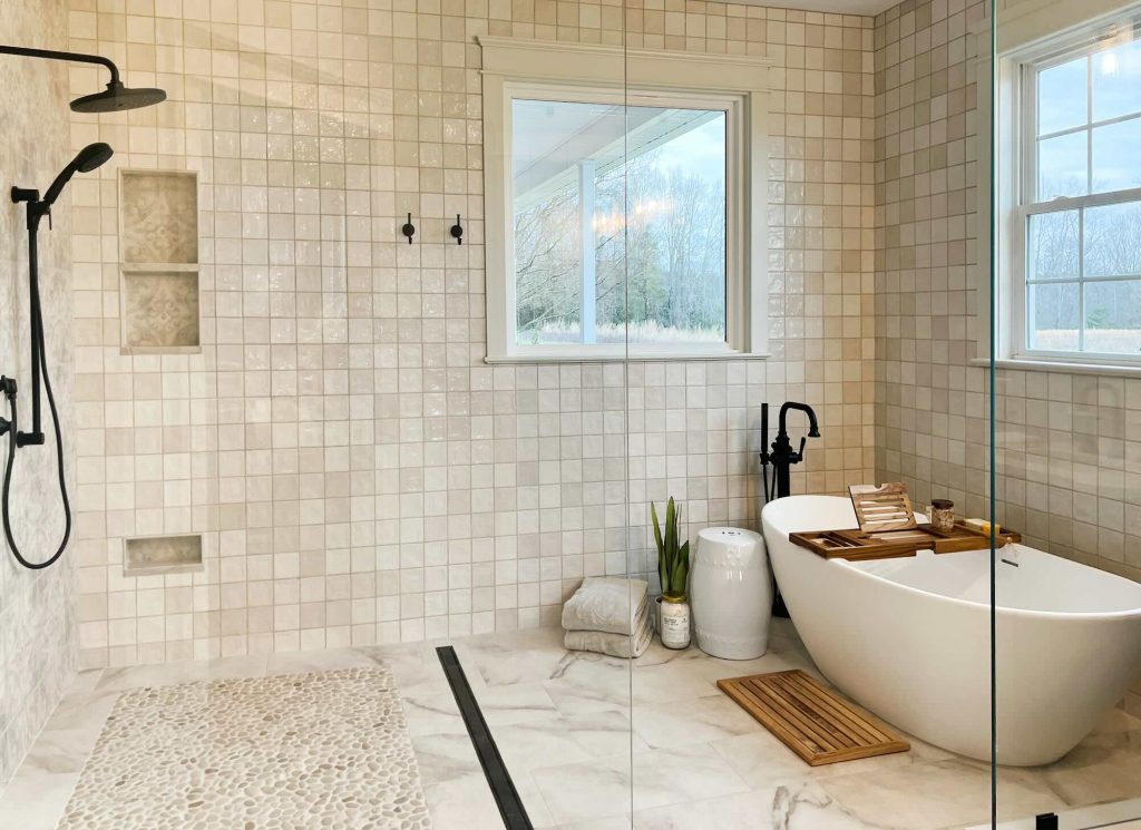 Bathroom interior tile design with multiple tiles to create dimension