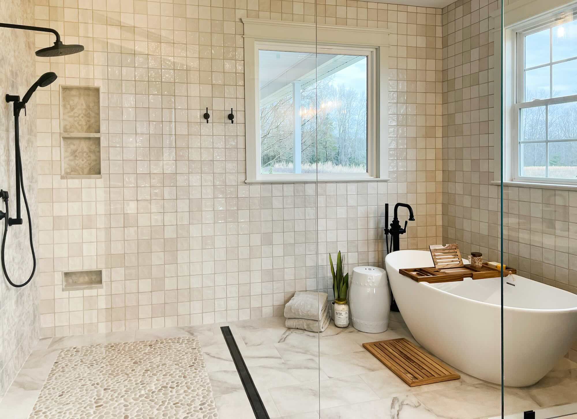 Bathroom interior tile design with multiple tiles to create dimension